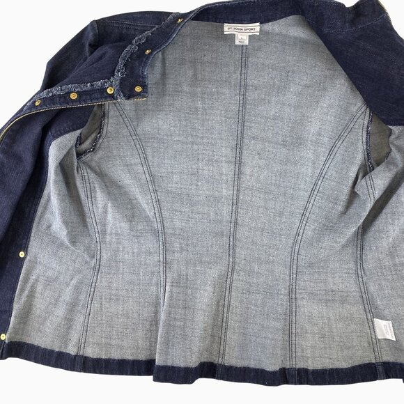 VTG St John Sport Classic Chic Preppy Denim Jacket Frayed Trim & Gold Details L - Picture 13 of 16